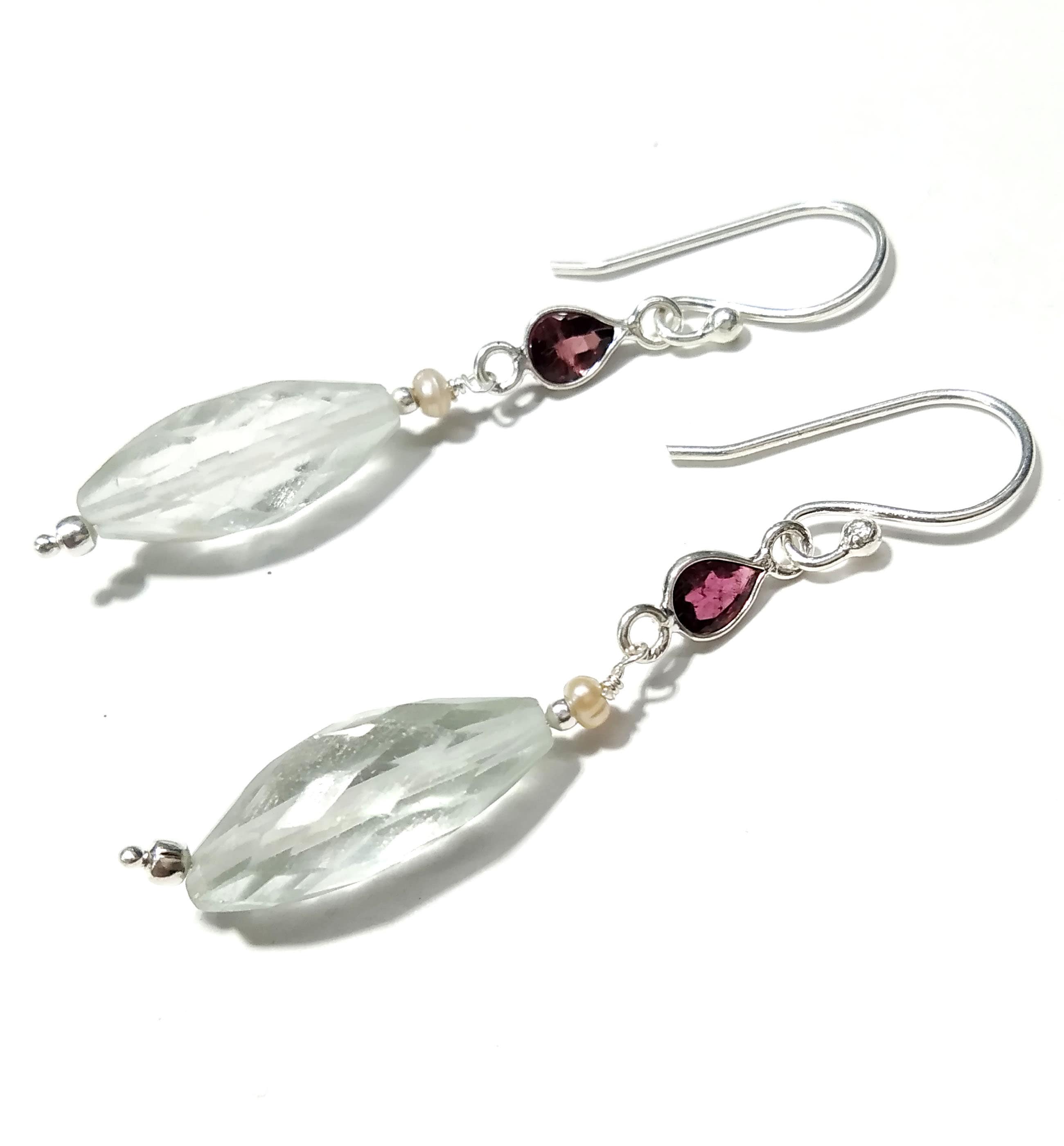 Natural Green Amethyst/Garnet Gemstone Drop Earring, 925 Solid Starling Silver Earring, Stone Size 19x7 mm Gift Birthday Earring Jewelry